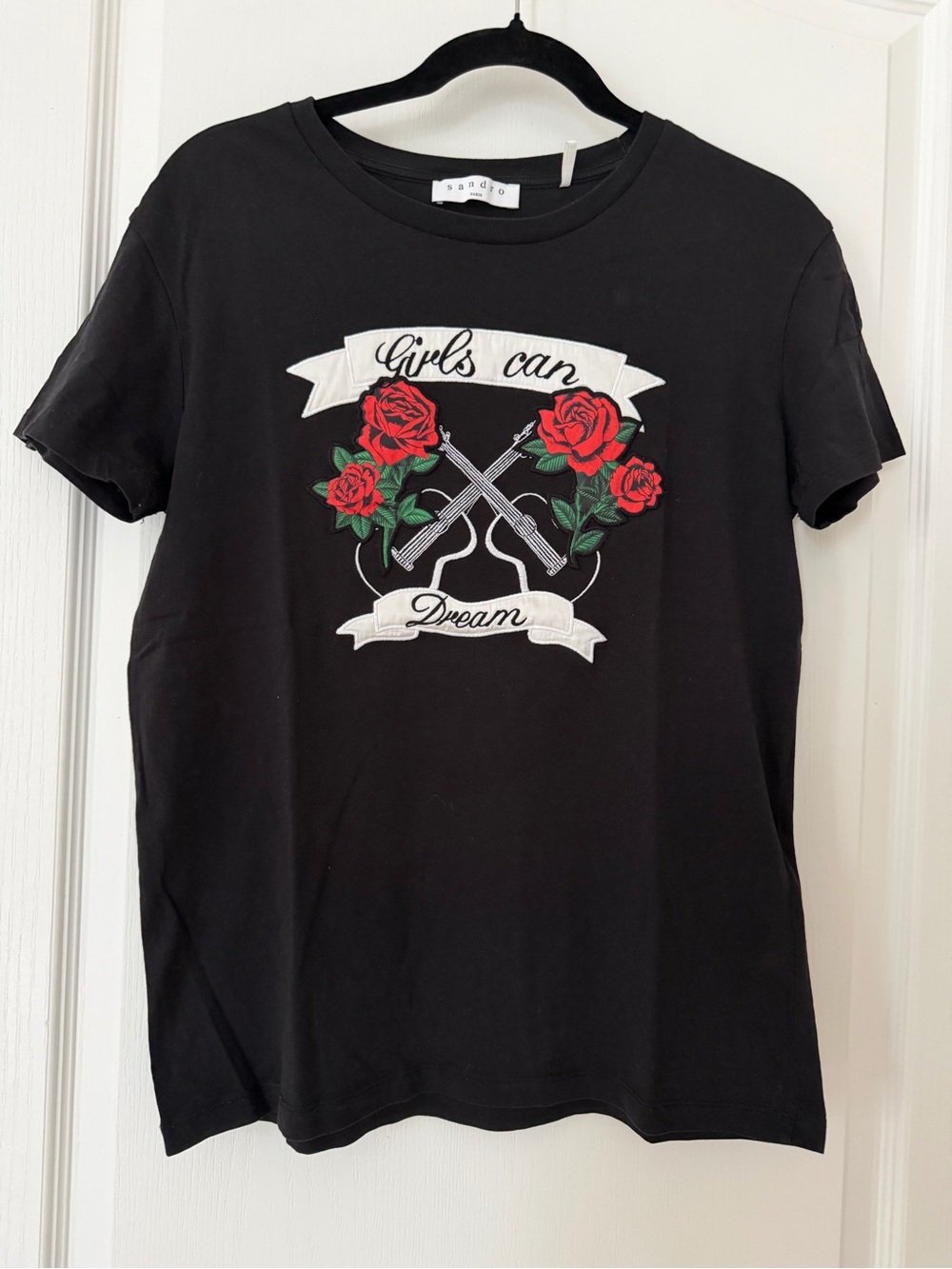 Sandro Black Tee with Red Rose and White Banner Graphic